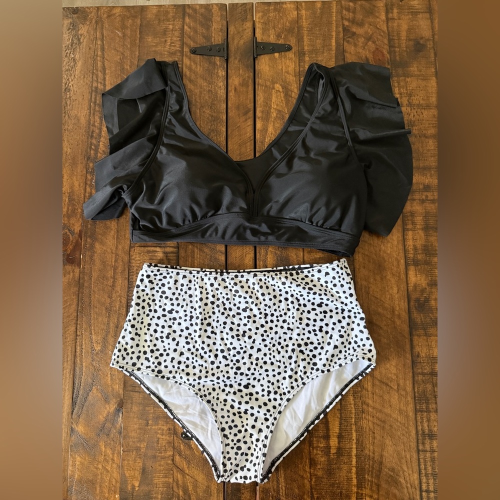 Shein Black Ruffled Bikini Top with Polka Dot High-Waisted Bottoms